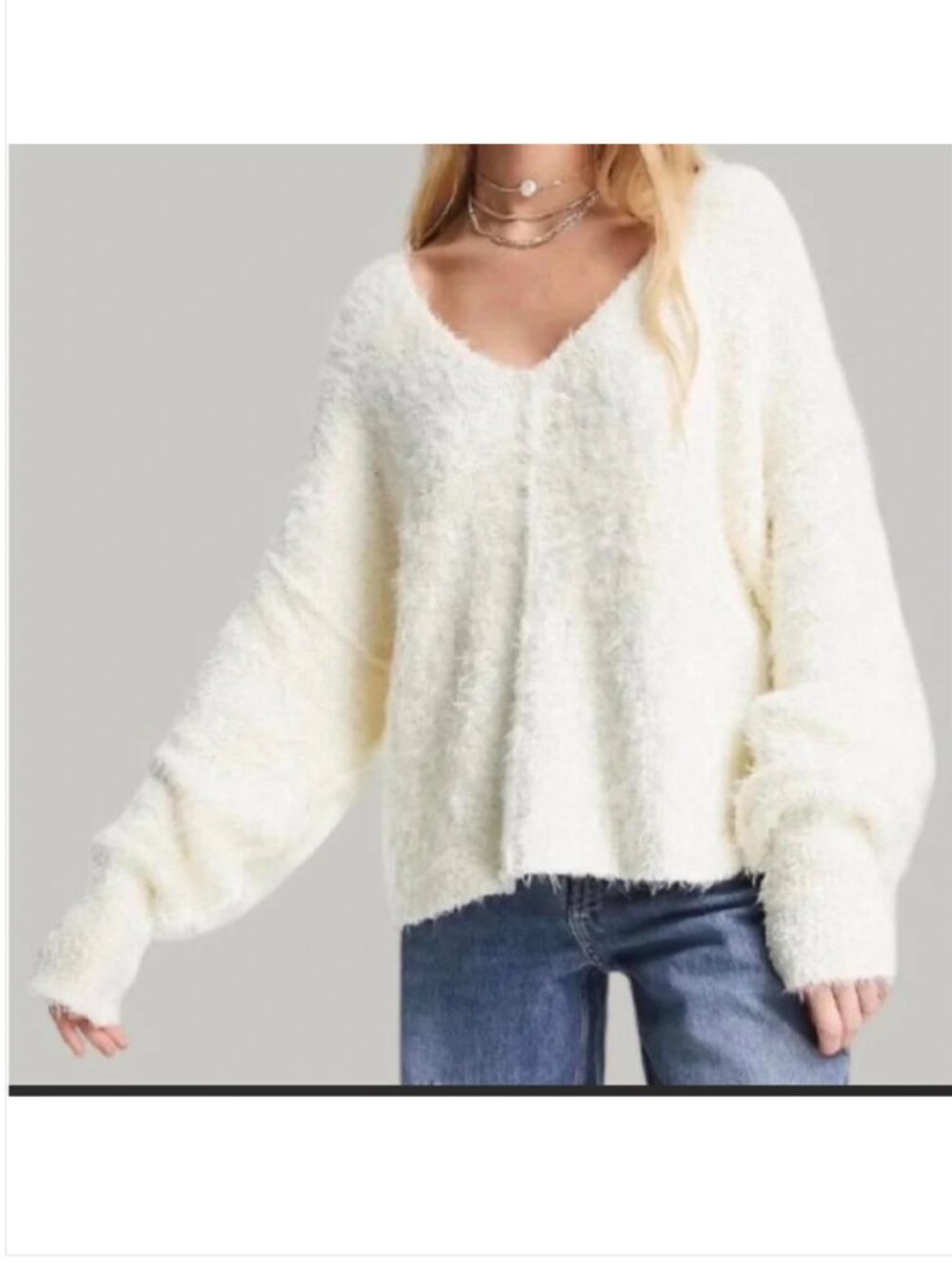 Free People Icing Fuzzy Knit Pullover Sweater Large Ivory V-Neck Oversized